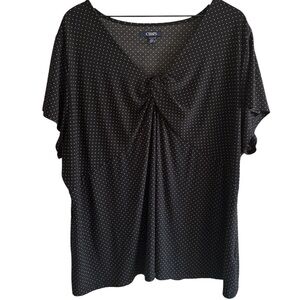Chaps Polka Dot Tunic Blouse Top 3X Black White Short Sleeve V-Neck Pullover